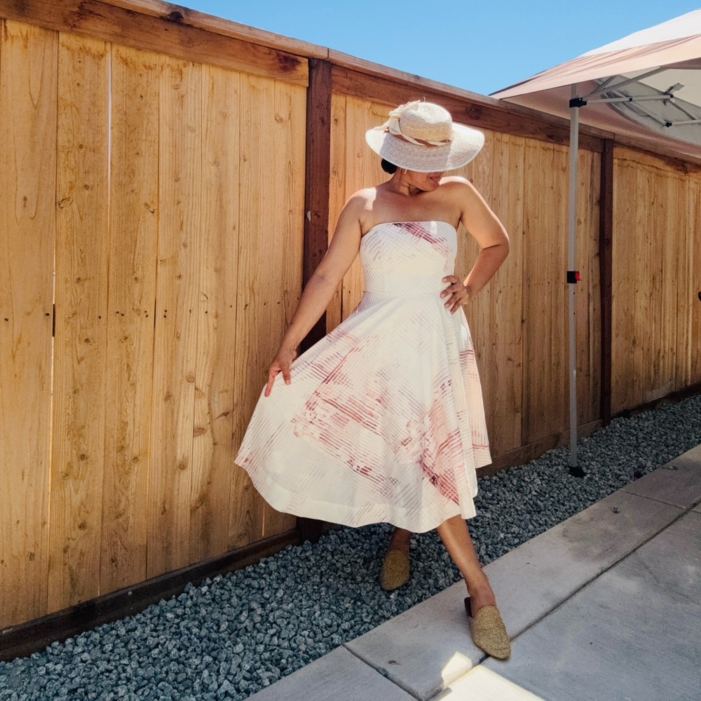 White House Black Market Pink and White Strapless Sundress